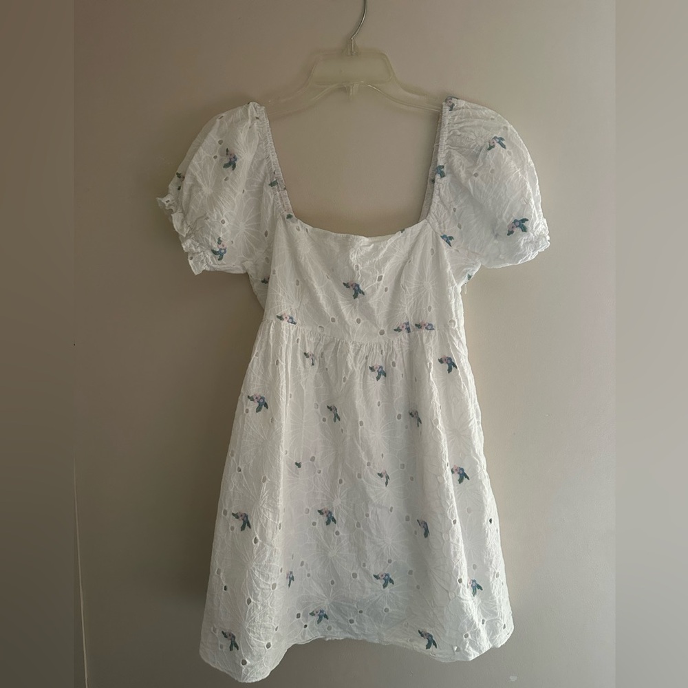 Le Lis White Eyelet Dress with Subtle Blue Embroidery